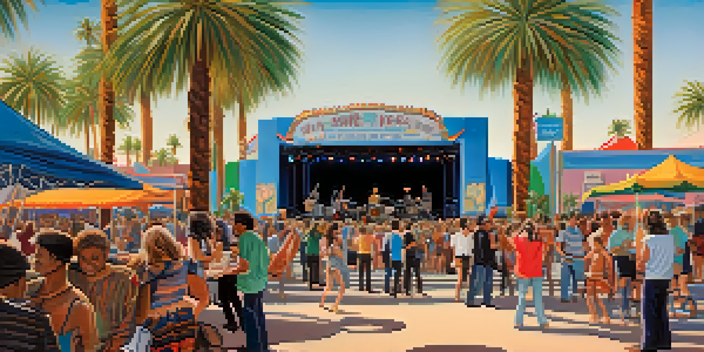 A lively outdoor music festival in Tucson with crowds enjoying live music, local musicians performing, and colorful decorations.