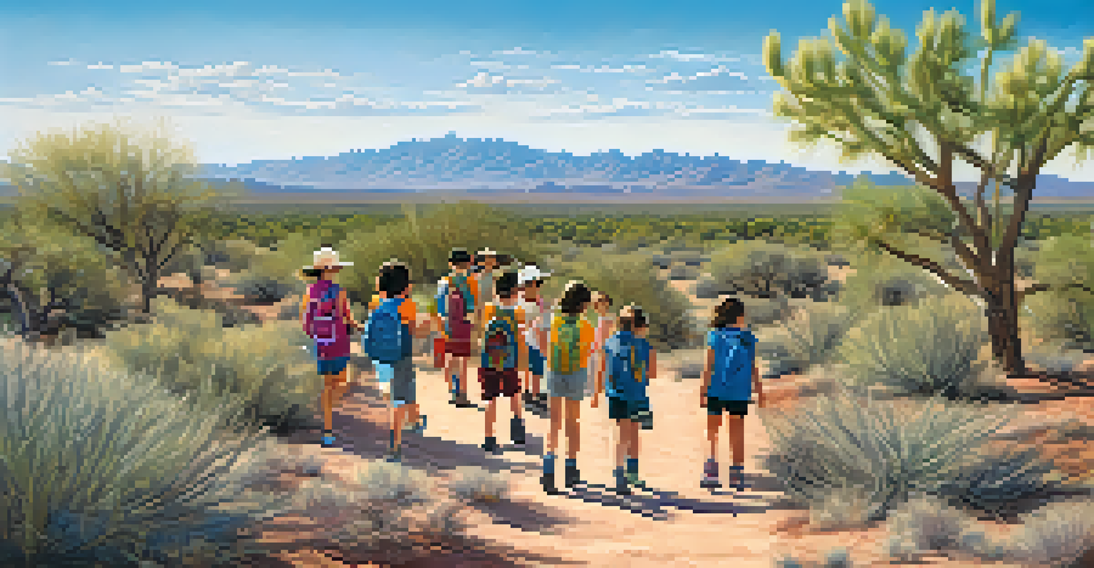 Children enjoying a nature hike in the Tucson desert, exploring the local flora and fauna with excitement.