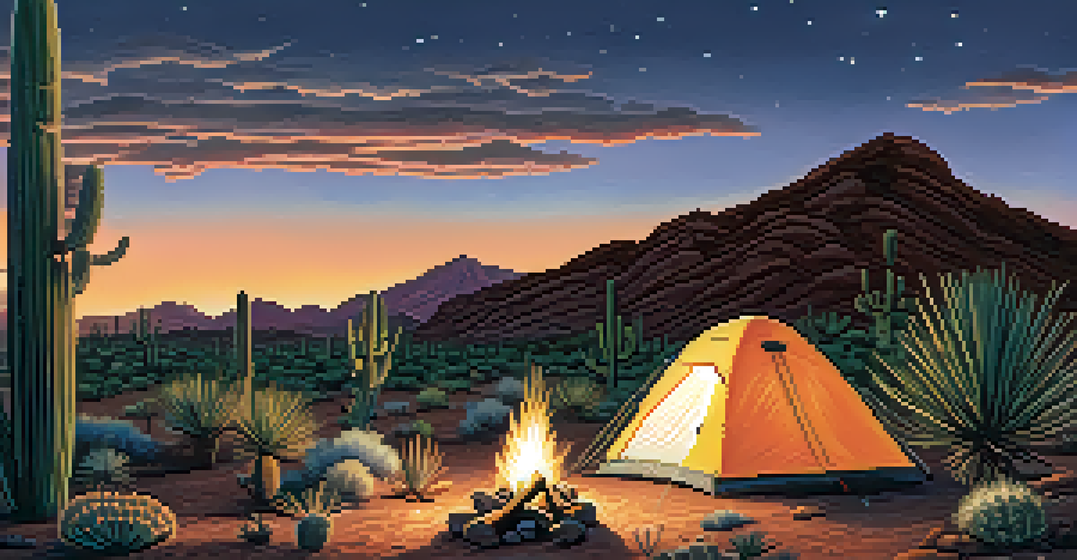 A camping setup in the desert at night, with a tent and campfire under a starry sky.
