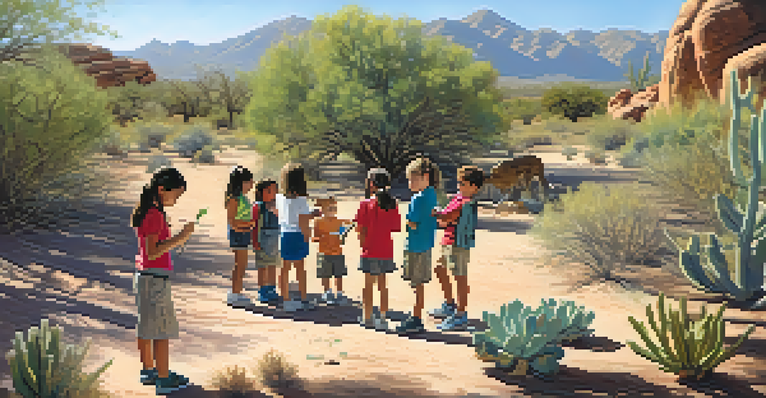 Children participating in a nature workshop in Tucson, learning about local plants and animals in a sunlit sanctuary.