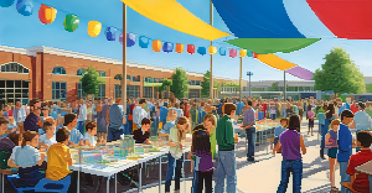 A lively community event at a school featuring student projects, with families and local businesses interacting and celebrating achievements.