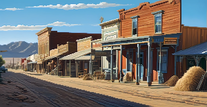 A panoramic view of the ghost town of Tombstone with vintage storefronts and a dusty street, under a clear blue sky.