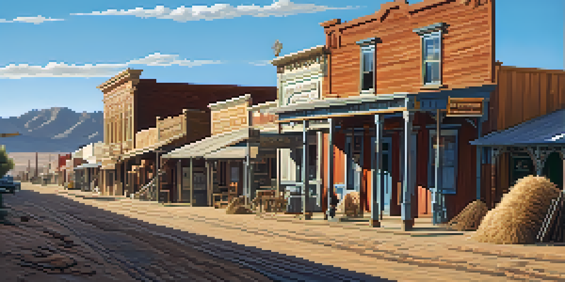 A panoramic view of the ghost town of Tombstone with vintage storefronts and a dusty street, under a clear blue sky.