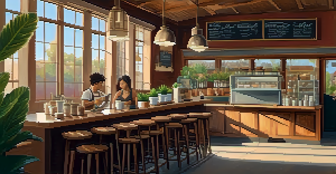 A barista making a matcha oat milk latte in a warm, inviting coffee shop with rustic decor and sunlight streaming through the window.