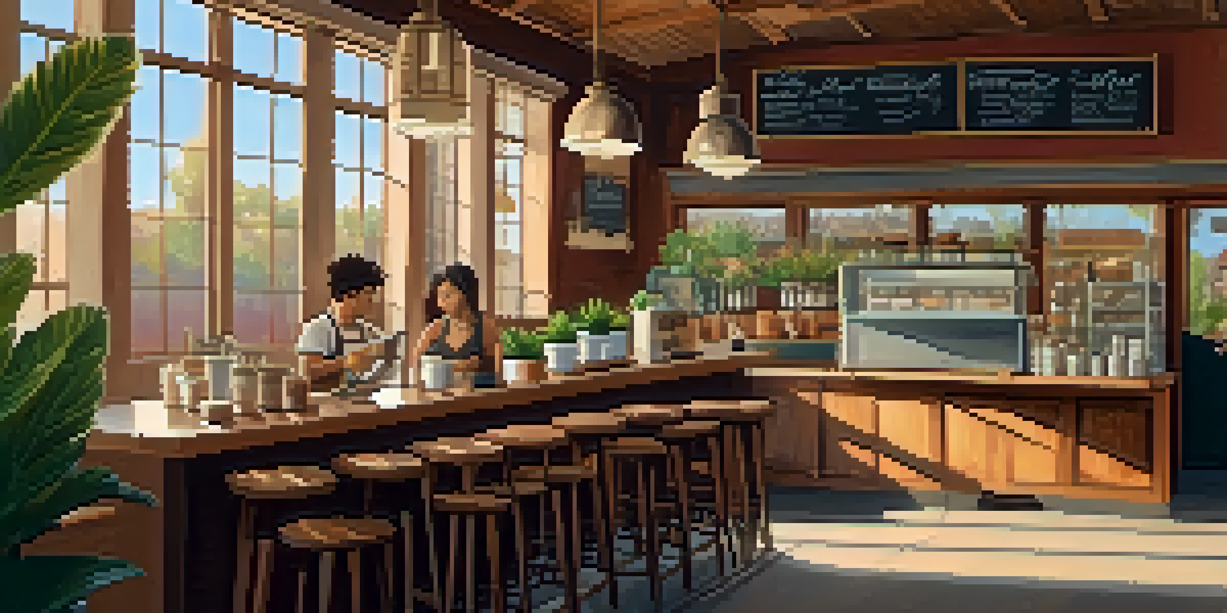 A barista making a matcha oat milk latte in a warm, inviting coffee shop with rustic decor and sunlight streaming through the window.