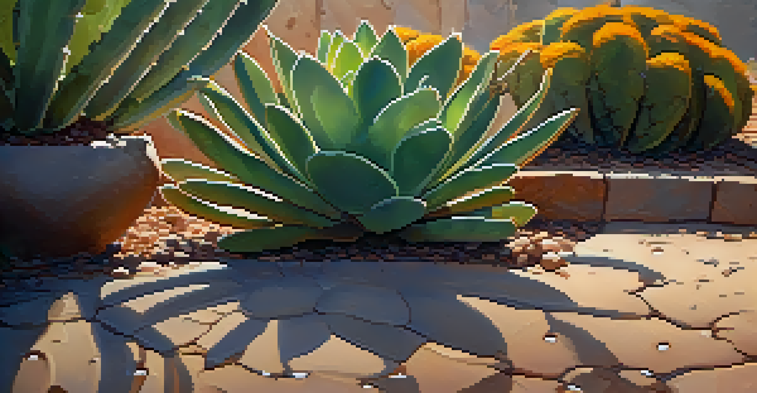Close-up of a drip irrigation system watering succulents in a sunny desert garden.