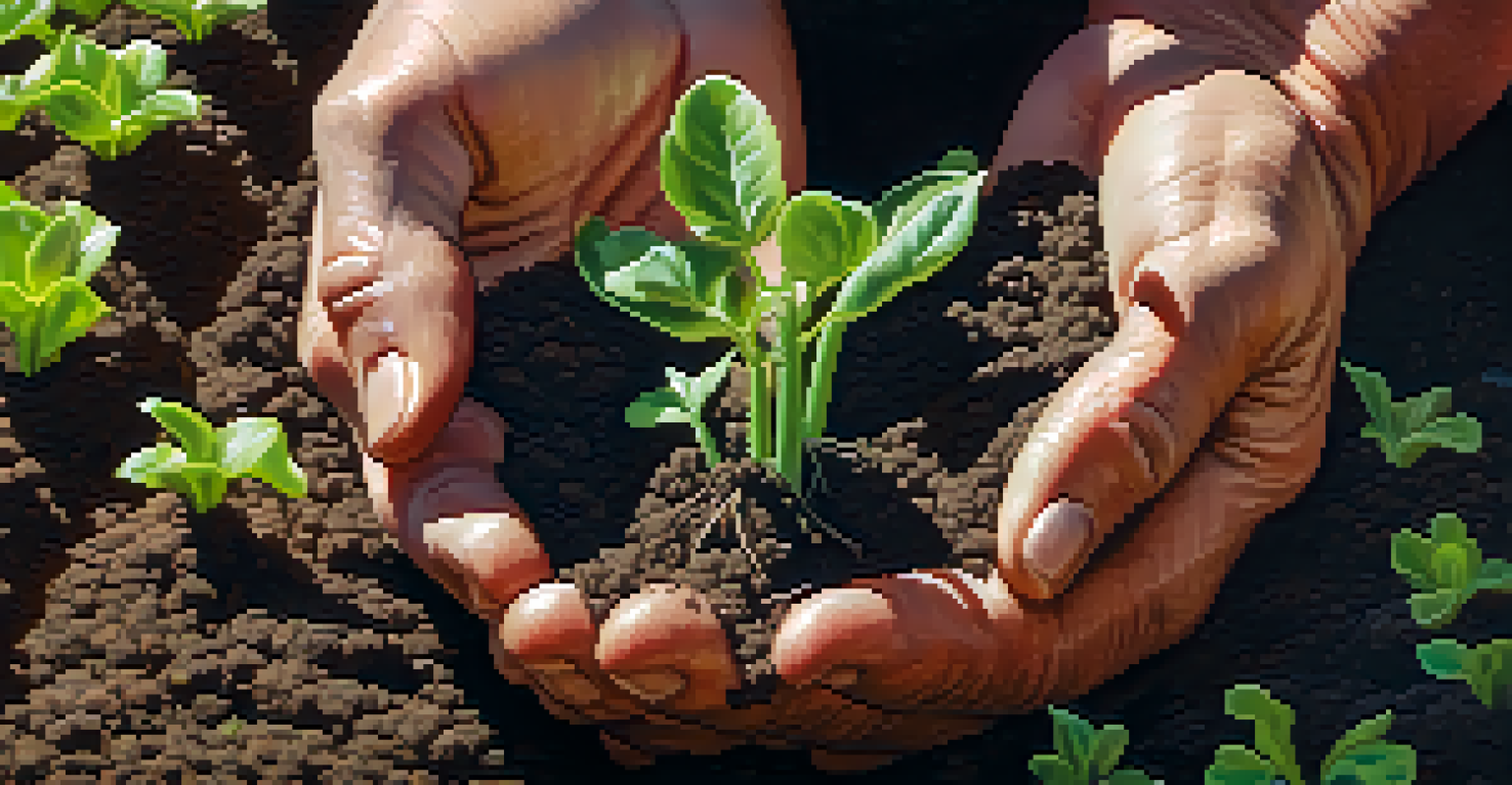 Close-up of a farmer's hands holding soil with seedlings, set against a community garden.