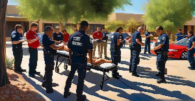 A diverse group of volunteers practicing first aid skills during a CERT training session in Tucson, with bright sunlight filtering through trees.