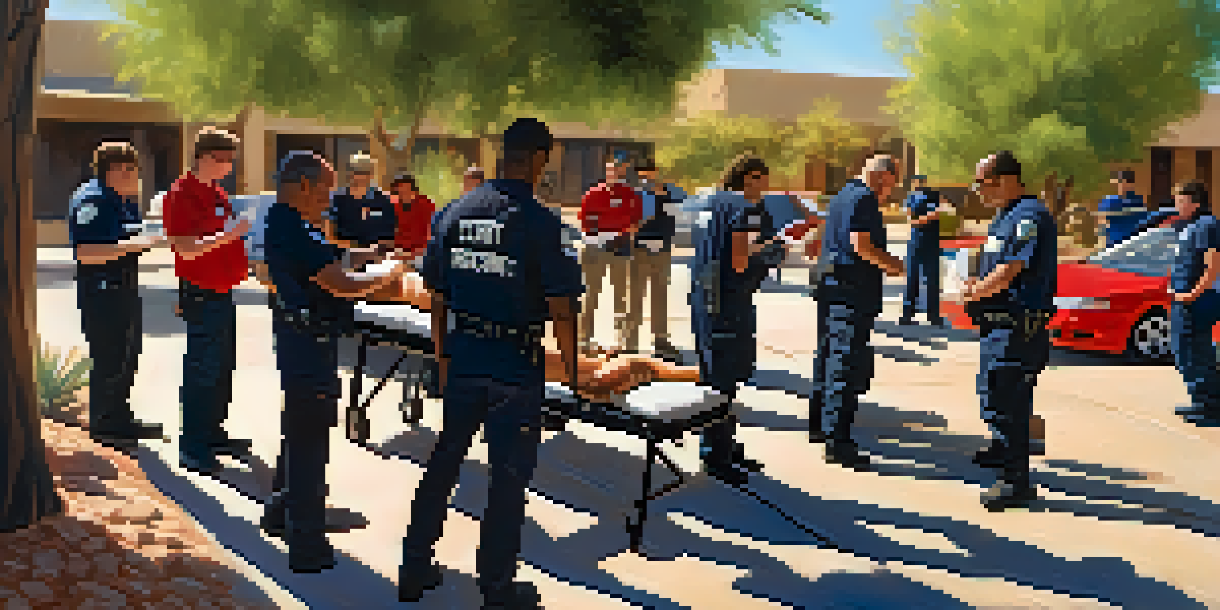 A diverse group of volunteers practicing first aid skills during a CERT training session in Tucson, with bright sunlight filtering through trees.