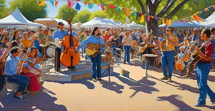A lively outdoor festival scene with diverse attendees enjoying folk music, musicians performing, and colorful decorations.