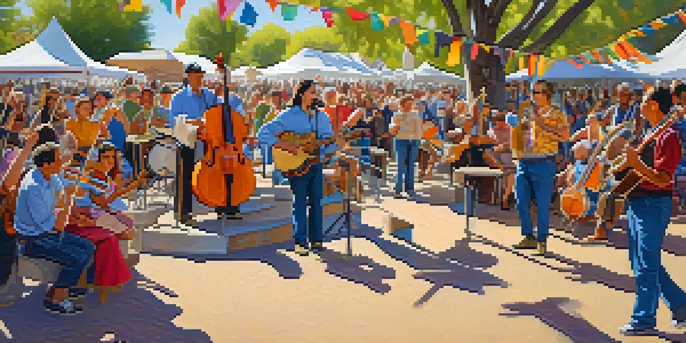 A lively outdoor festival scene with diverse attendees enjoying folk music, musicians performing, and colorful decorations.
