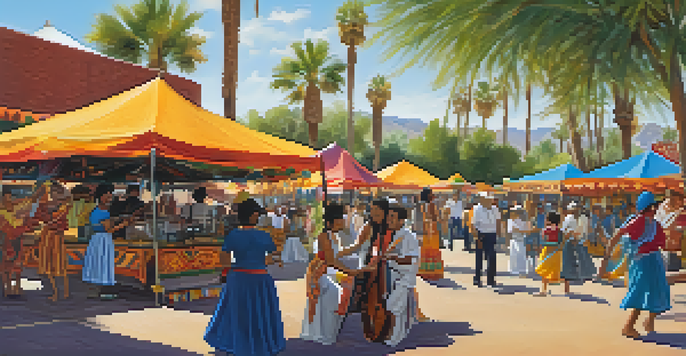 A lively festival scene in Tucson with colorful food stalls, musicians, and dancers in traditional clothing under a sunny sky.