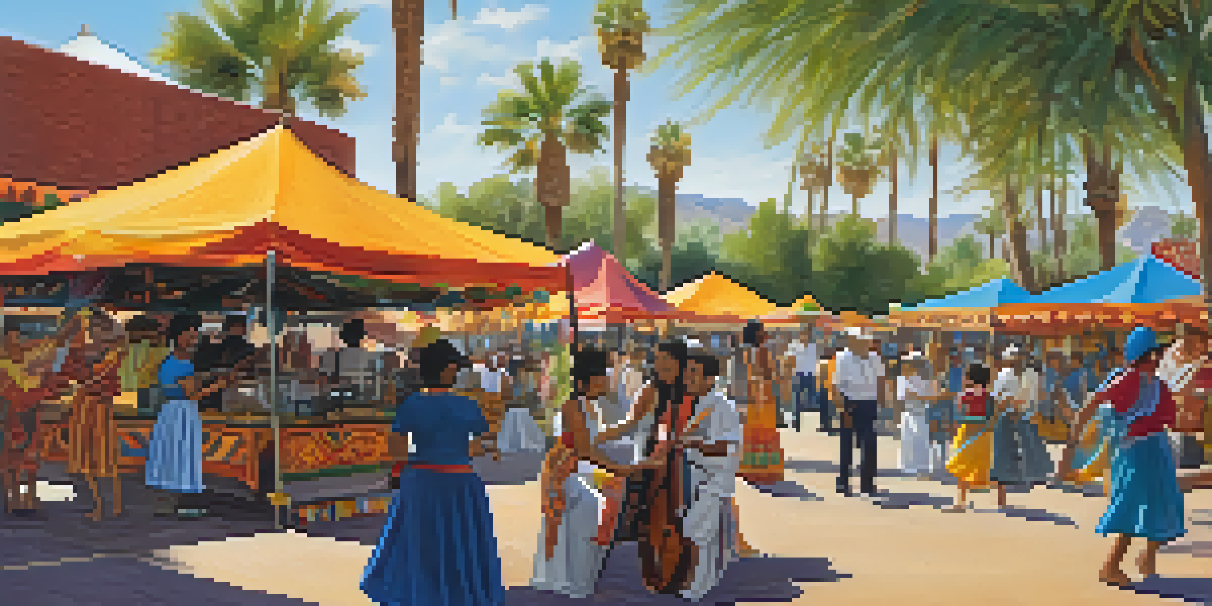 A lively festival scene in Tucson with colorful food stalls, musicians, and dancers in traditional clothing under a sunny sky.