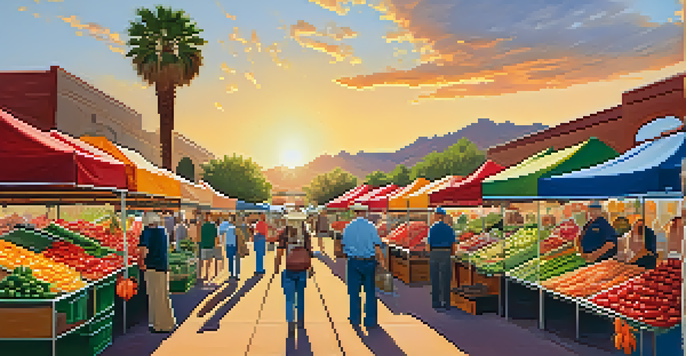 A lively farmer's market with colorful fresh produce and local farmers under canopies, set against a sunset in the Arizona desert.