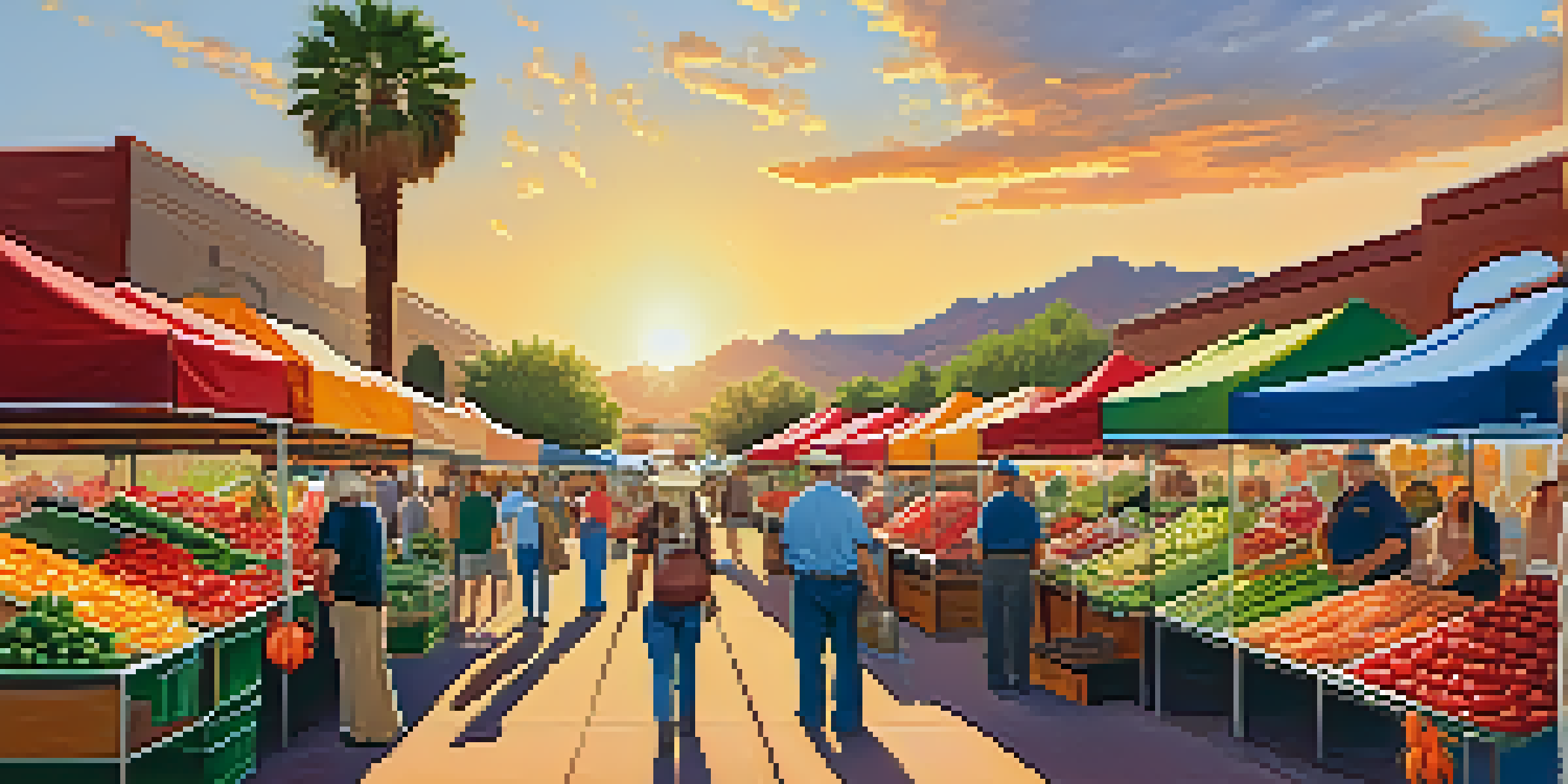 A lively farmer's market with colorful fresh produce and local farmers under canopies, set against a sunset in the Arizona desert.