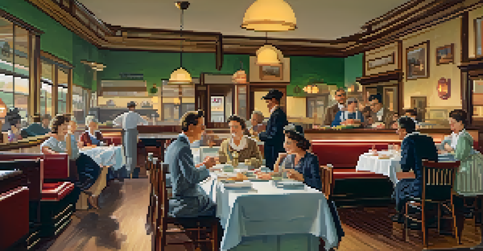 An early 1900s restaurant interior with a woman serving meals to families, showcasing a vibrant and inviting atmosphere.