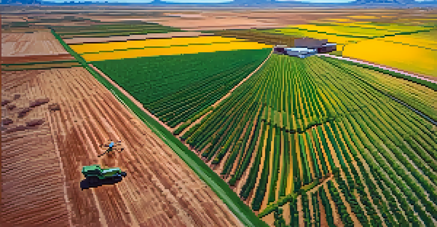 Aerial view of a diverse crop field in Tucson, with a farmer using a drone and mountains in the background.