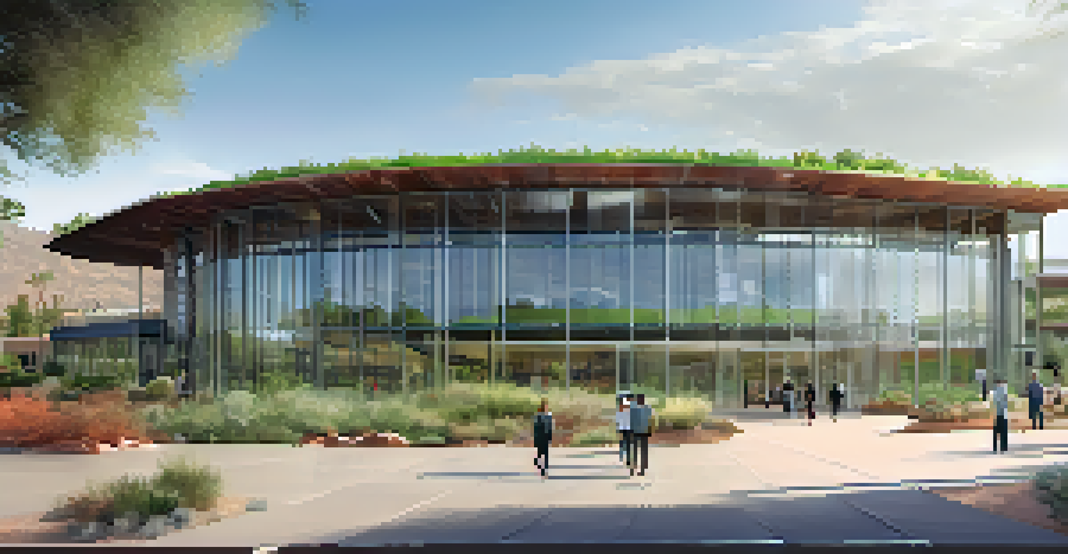 The Living Building at the University of Arizona, featuring solar panels and green roofs in a natural landscape.