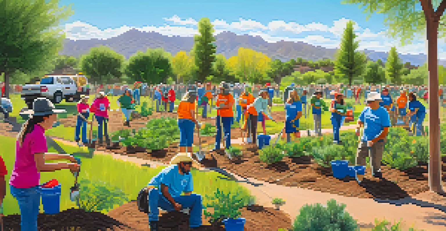 Volunteers planting trees in a sunny park in Tucson, surrounded by greenery and a clear blue sky.