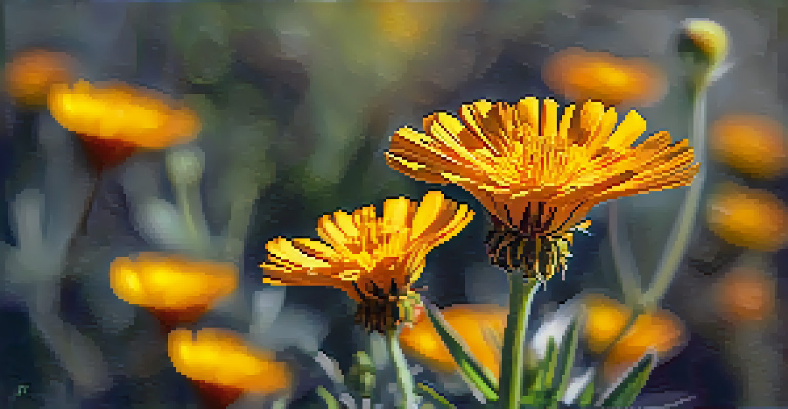 A close-up view of blooming desert marigold flowers in a Tucson botanical garden, with soft sunlight illuminating their petals.