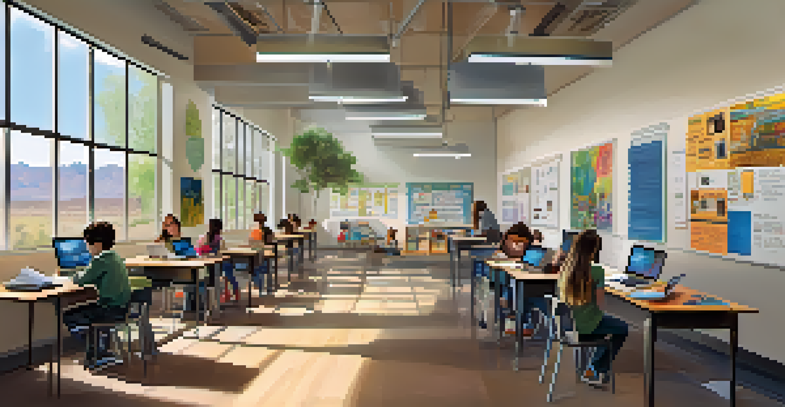 A modern classroom in Tucson with students using laptops and tablets, guided by a teacher, with bright decor and natural light.