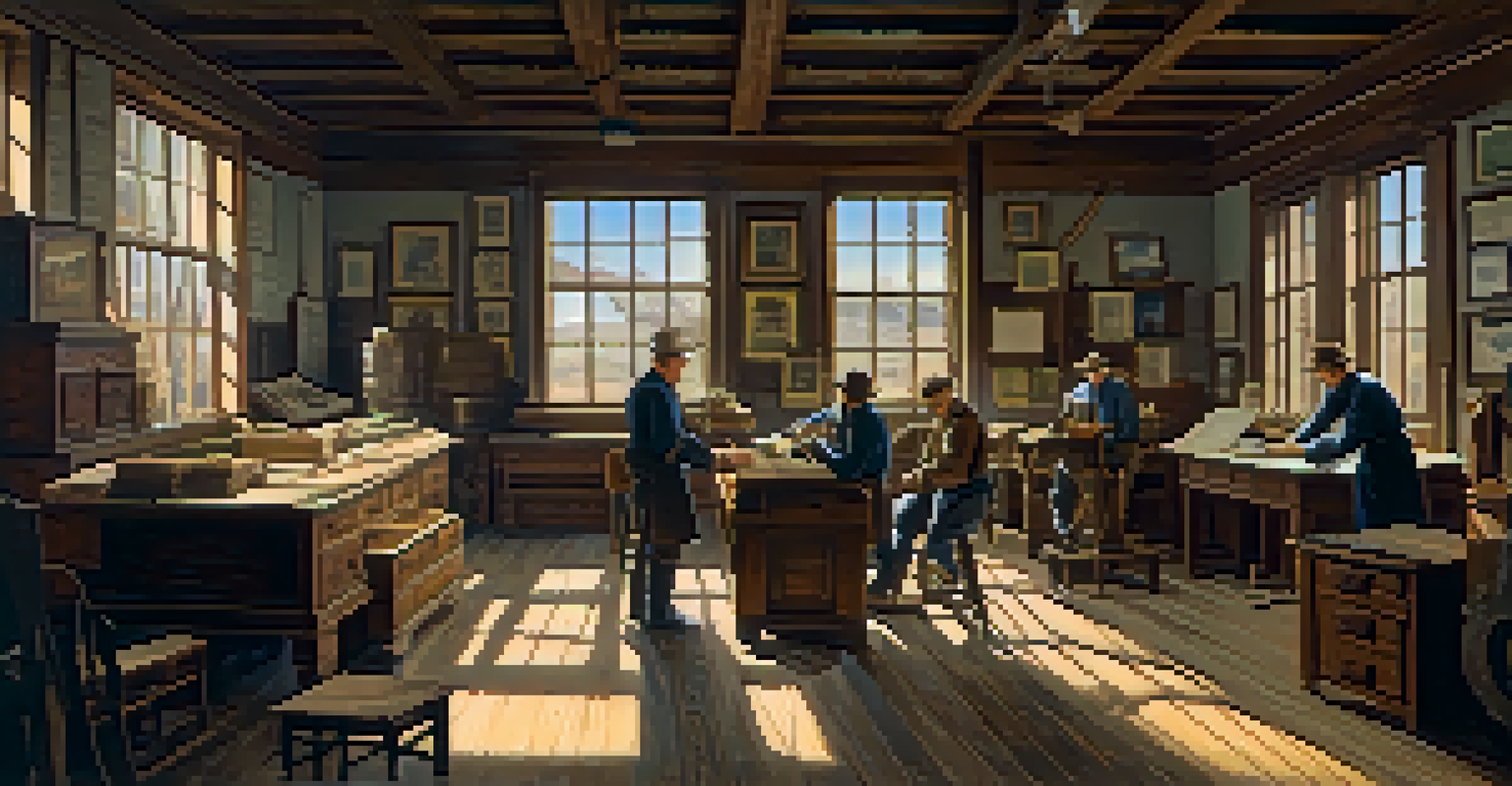 A detailed interior of a 19th century mining office with miners discussing plans, wooden furniture, and historical mining tools.