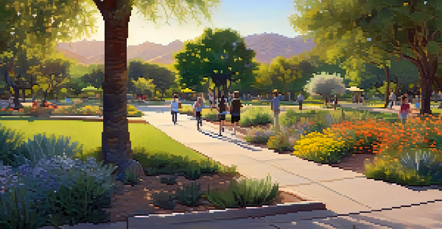 An urban park in Tucson with families enjoying nature, surrounded by greenery and flowers during golden hour.