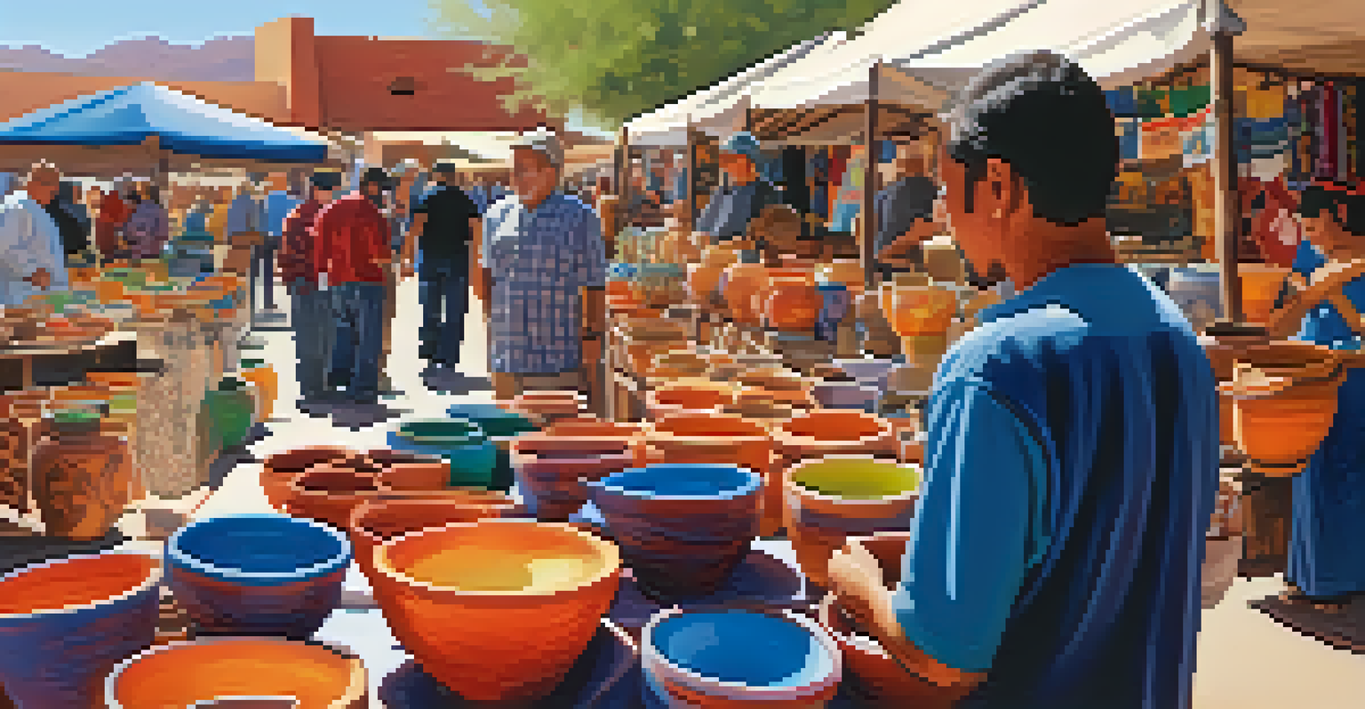 A bustling pottery market in Tucson with artisans and colorful pottery stalls filled with unique designs.