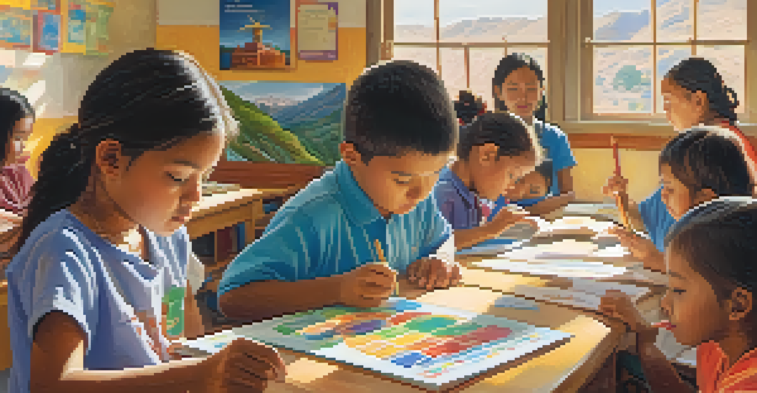 A classroom with young O'odham children learning their native language, surrounded by educational materials and art supplies.