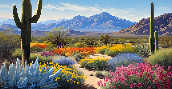 A colorful display of wildflowers blooming in the desert with the Catalina Mountains in the background under a clear blue sky.