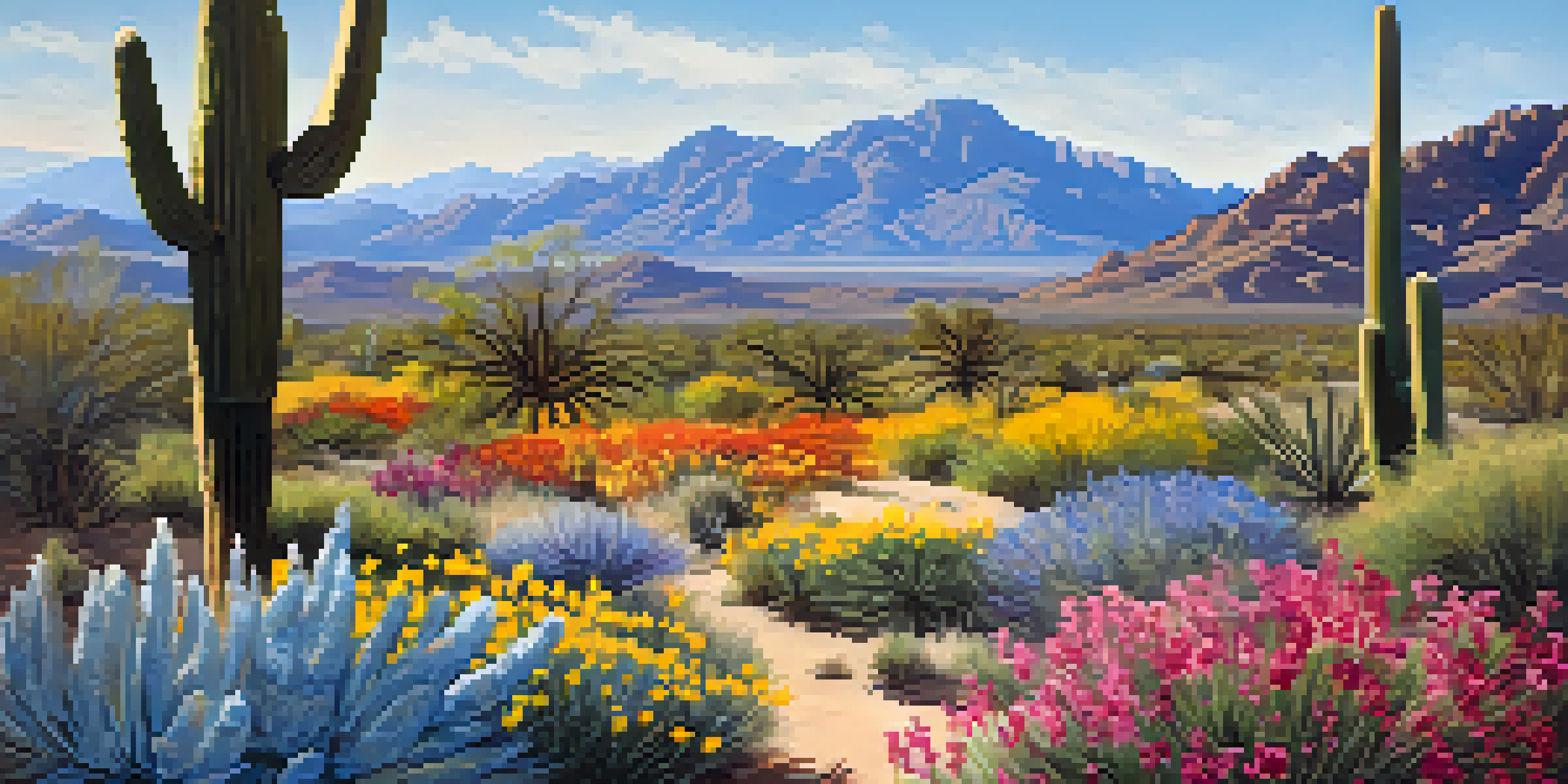 A colorful display of wildflowers blooming in the desert with the Catalina Mountains in the background under a clear blue sky.