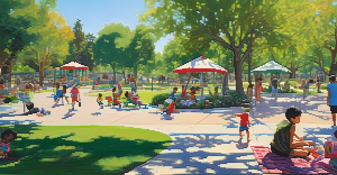 A busy park in Tucson with families enjoying outdoor activities. Children play on swings and adults relax on a picnic blanket under trees.