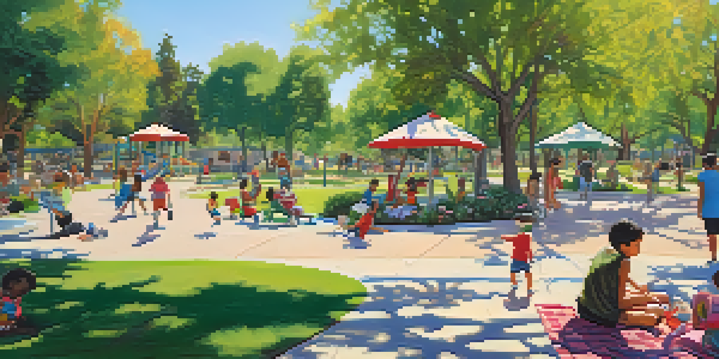 A busy park in Tucson with families enjoying outdoor activities. Children play on swings and adults relax on a picnic blanket under trees.