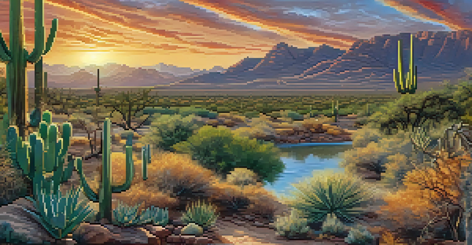 A colorful mural illustrating the Sonoran Desert ecosystem with animals, plants, and a sunset sky.