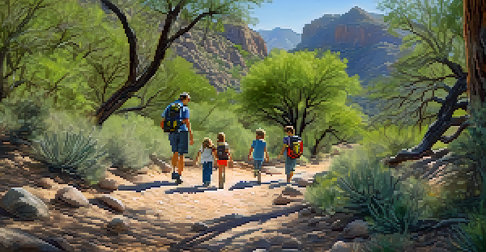 A family enjoying a hike in Sabino Canyon, with children pointing at wildlife and sunlight filtering through the trees.