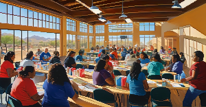 A lively workshop in Tucson with residents learning about emergency preparedness, surrounded by educational materials and emergency kits, illuminated by natural sunlight.
