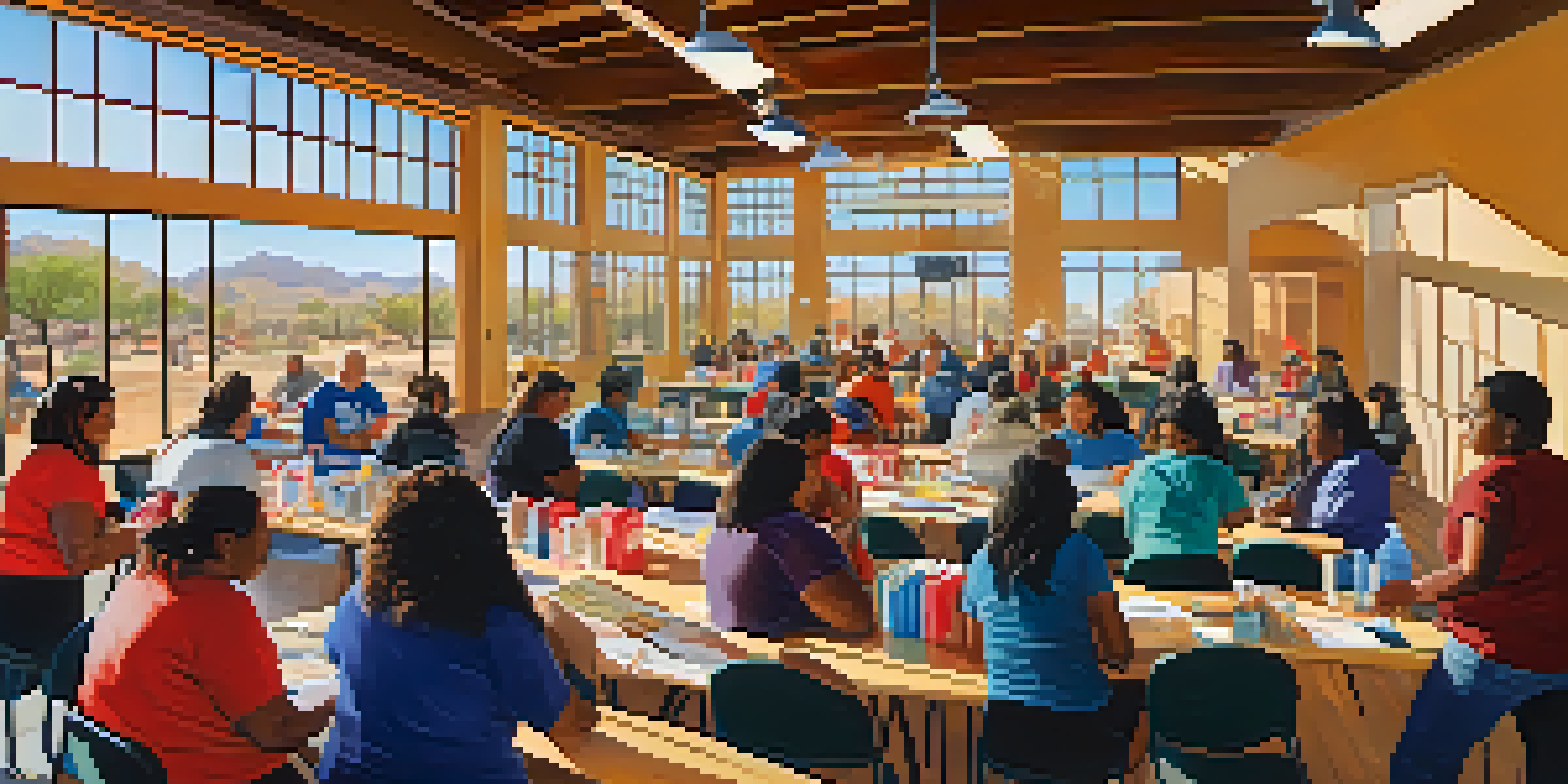 A lively workshop in Tucson with residents learning about emergency preparedness, surrounded by educational materials and emergency kits, illuminated by natural sunlight.