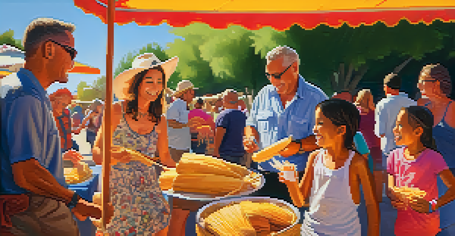 A happy family sharing and tasting tamales at a festival, surrounded by colorful decorations and enjoying the warm sunlight.