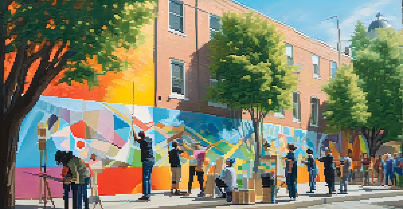 An artist paints a colorful mural, with supplies around and community members observing.