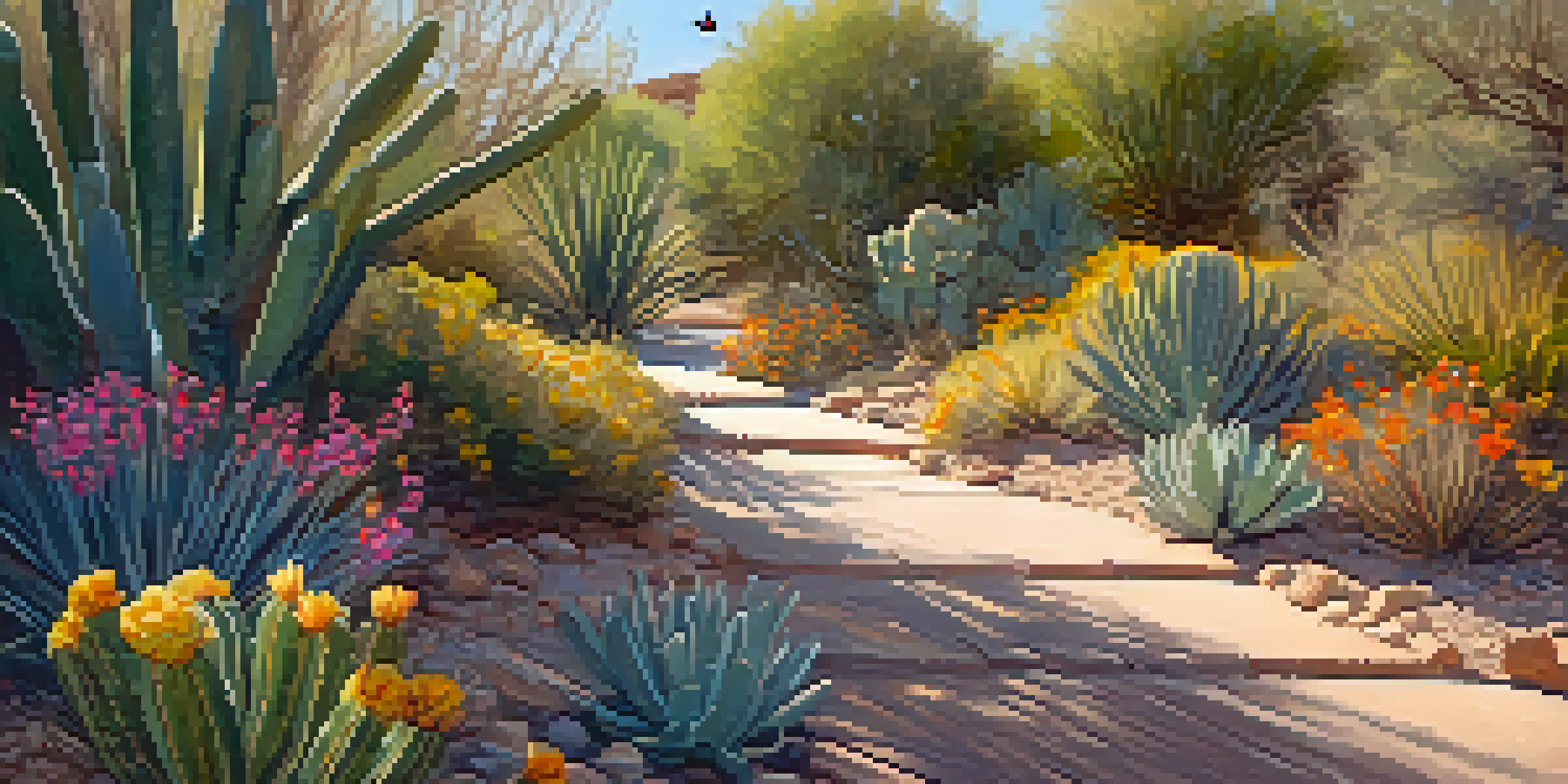 A peaceful pathway in a botanical garden surrounded by colorful cacti and wildflowers with sunlight creating shadows, and a butterfly in flight.