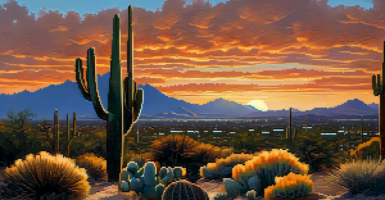 A picturesque sunset over the desert landscape near Tucson, with the University of Arizona visible in the foreground against a colorful sky.