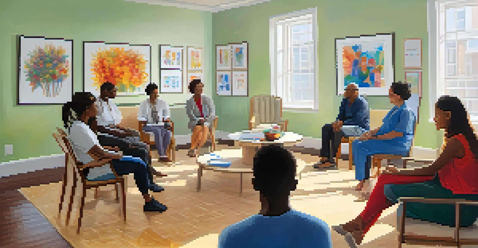 A group of patients in a supportive therapy session, sharing their experiences in a bright room.