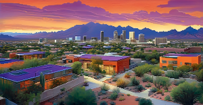 A sunset view of Tucson's cityscape with modern buildings, green roofs, and community gardens, highlighting sustainable living.