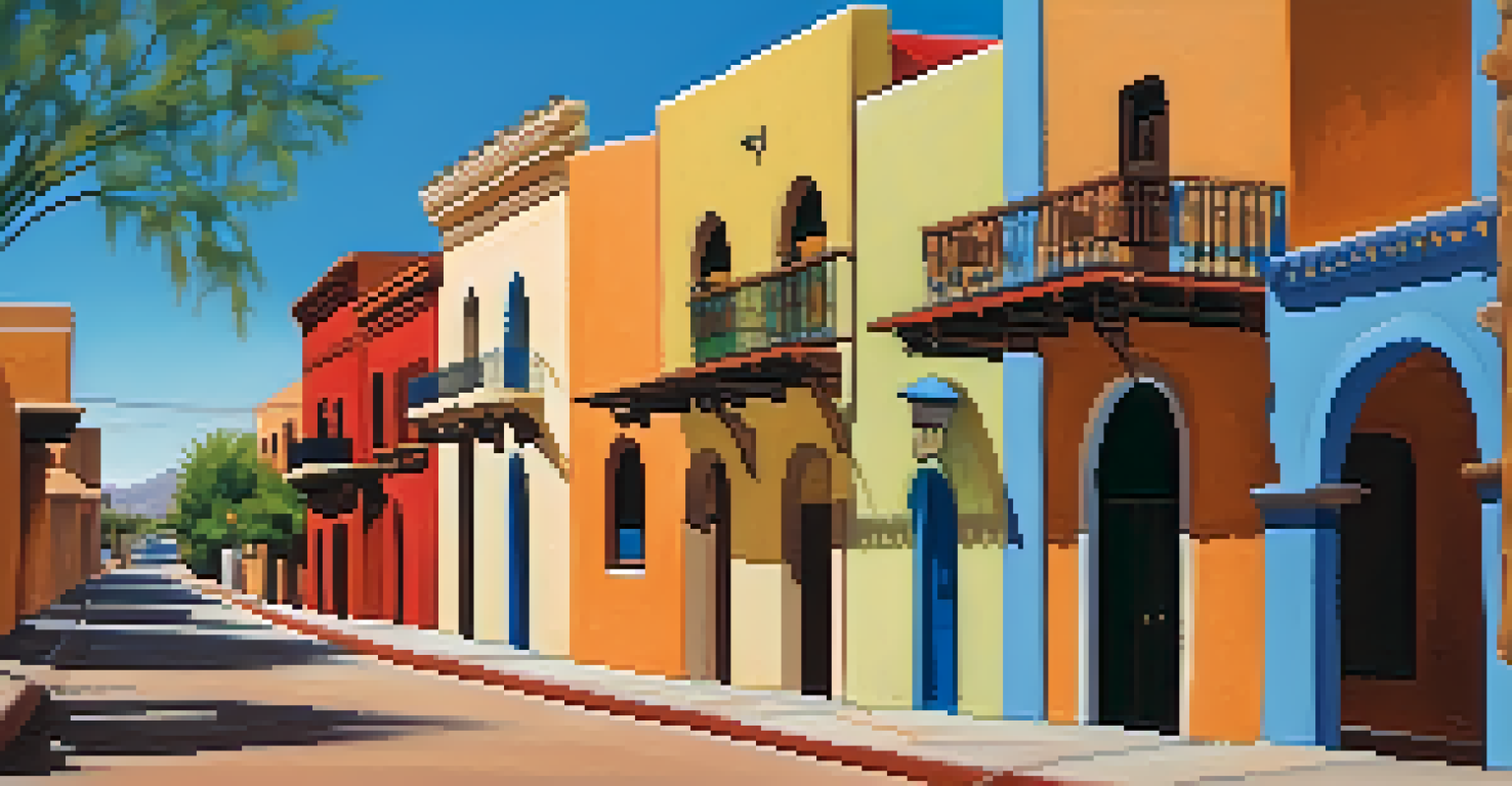 A narrow street in Tucson's El Presidio District, featuring colorful Spanish Colonial buildings and clear blue skies.