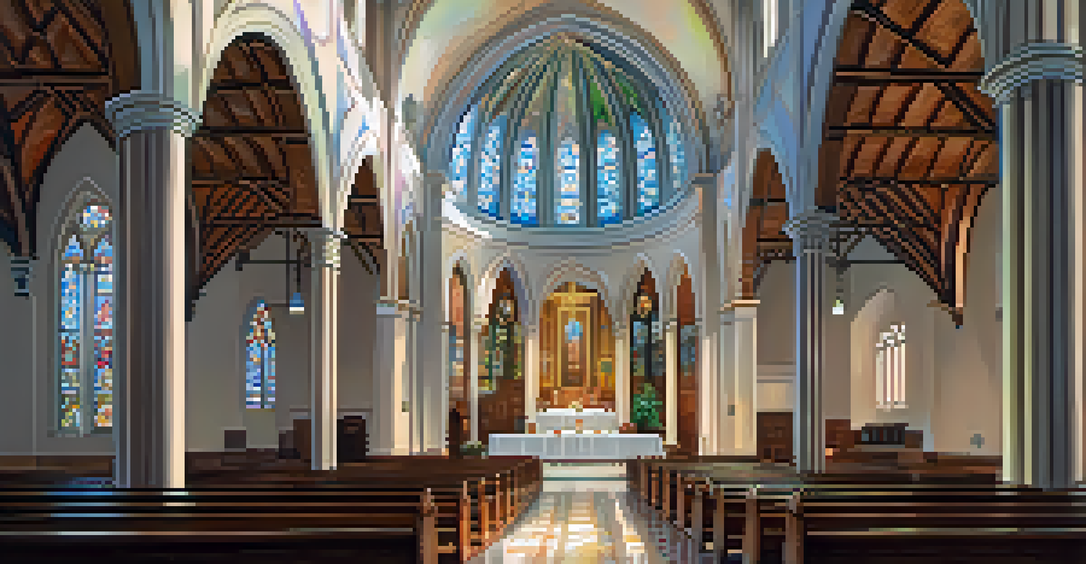 Interior view of St. Augustine Cathedral highlighting the dome and stained glass windows with colorful light patterns.