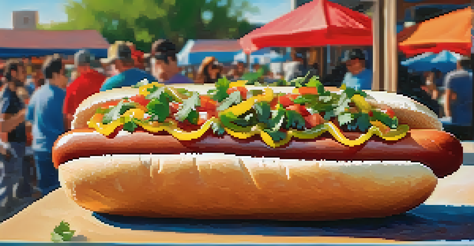 A close-up of a Sonoran-style hot dog with colorful toppings at a Tucson food truck, with a farmers' market in the background.