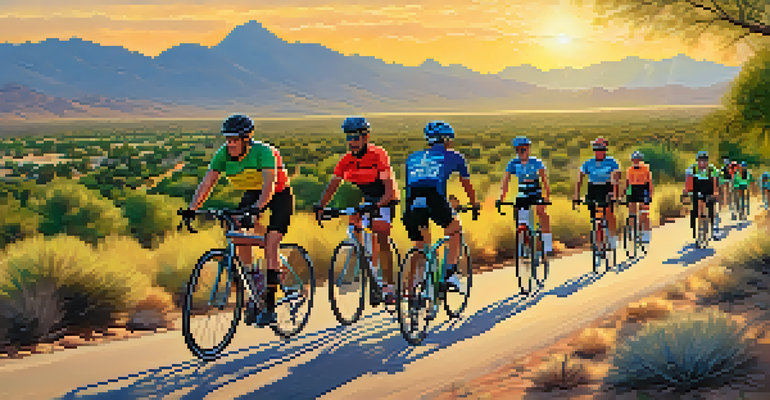 A group of diverse cyclists riding along a scenic trail in Tucson during sunset, showcasing the beauty of biking in a community.