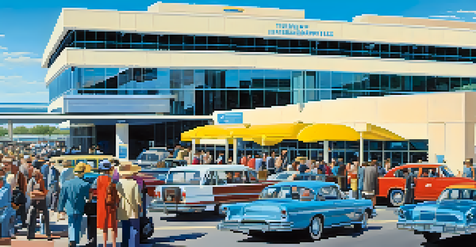Ground transportation options at Tucson International Airport, including rental cars and taxis, with travelers in motion.