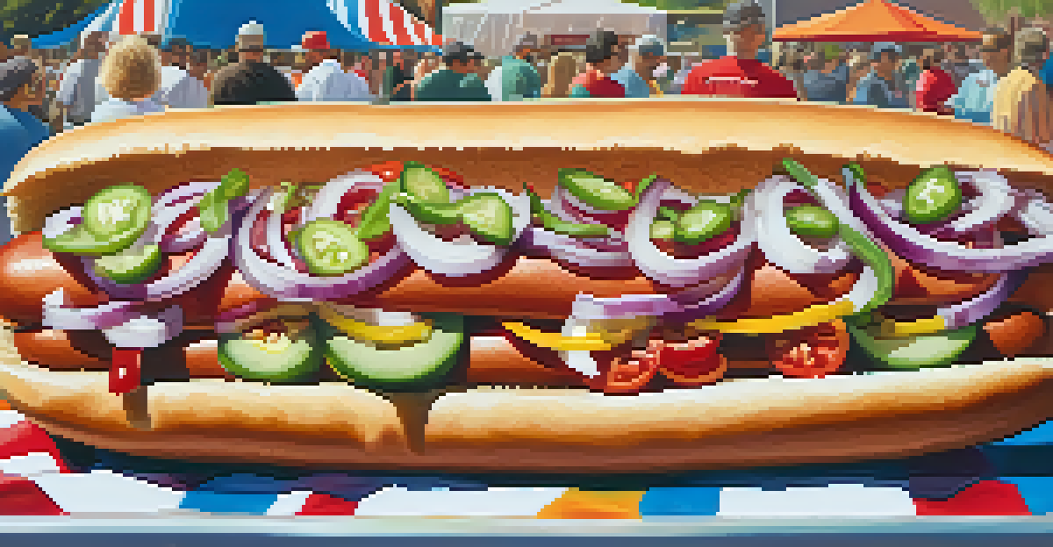 Close-up of Sonoran hot dogs being prepared at a vibrant food festival in Tucson with fresh toppings and a lively atmosphere.