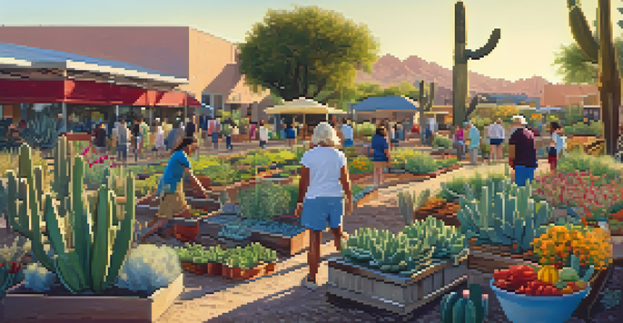 A community garden in Tucson with diverse residents gardening among colorful vegetables and flowers under warm sunlight.